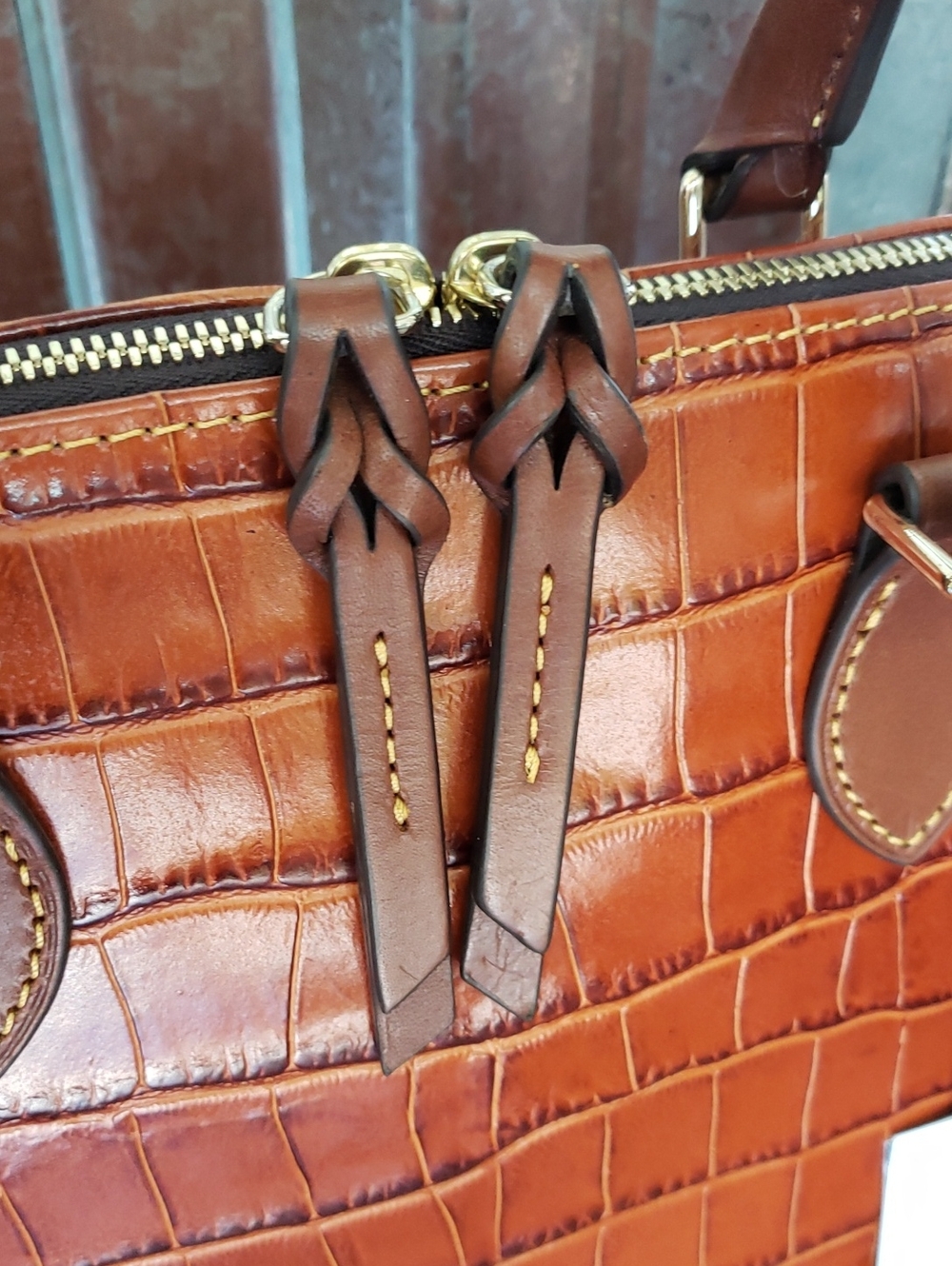 NWT Dooney & Bourke Croc-Embossed Leather ZIP ZIP Satchel in Cognac Brown - Picture 4 of 11